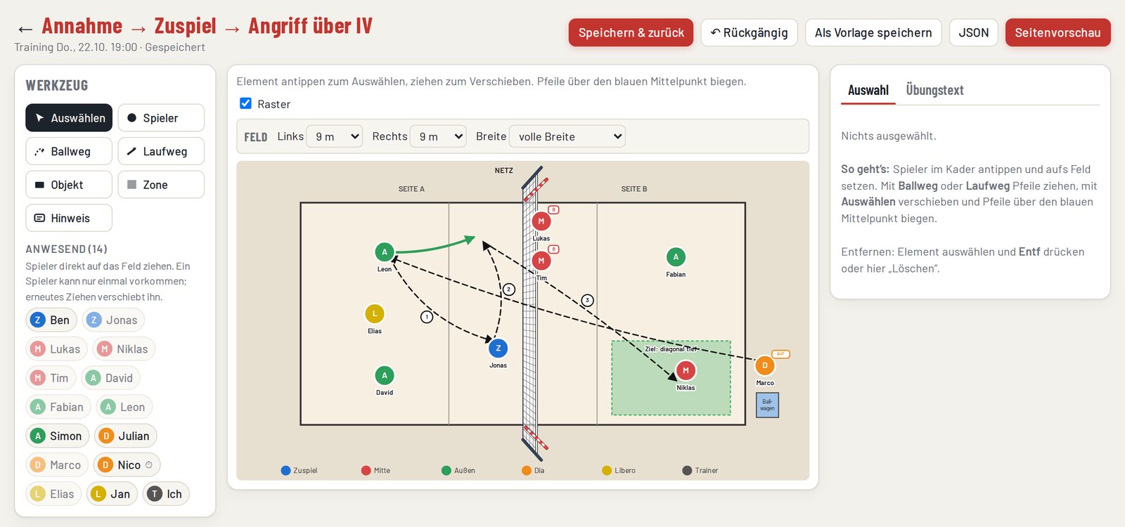 Feld-Editor mit Spielern, Ball- und Laufwegen