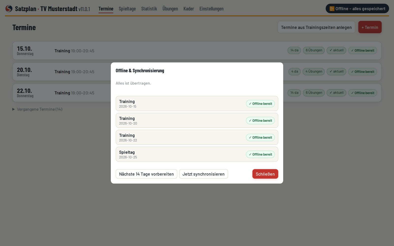 Offline-Center ohne Netz mit vorbereiteten Trainings und Spieltagen