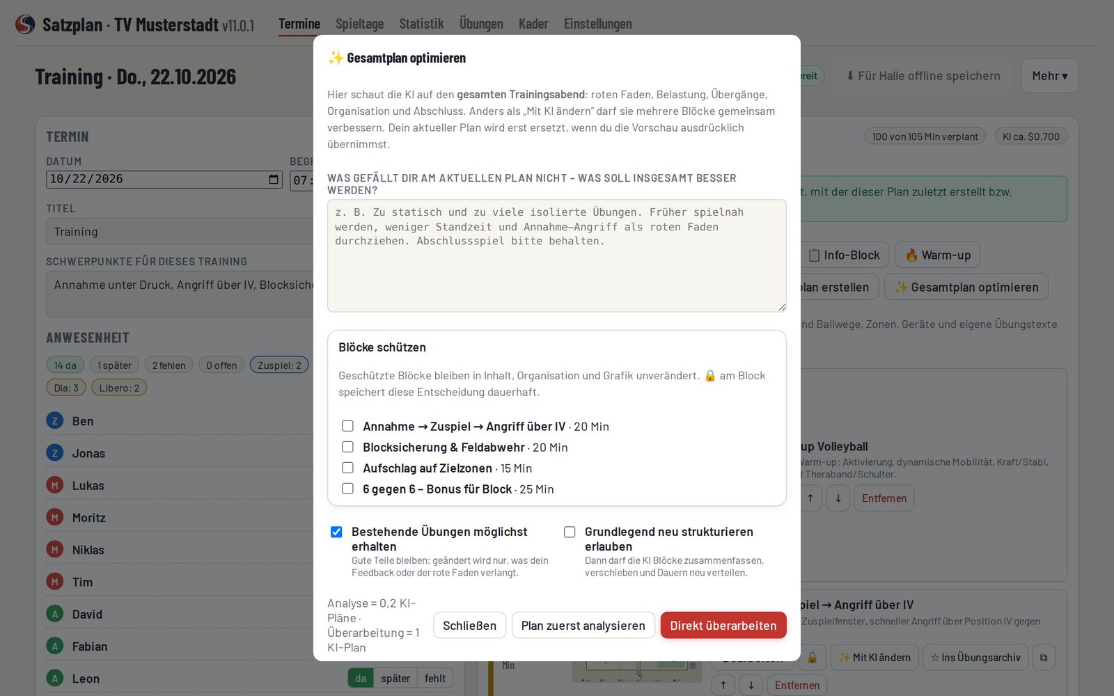 Dialog Gesamtplan optimieren mit geschützten Blöcken