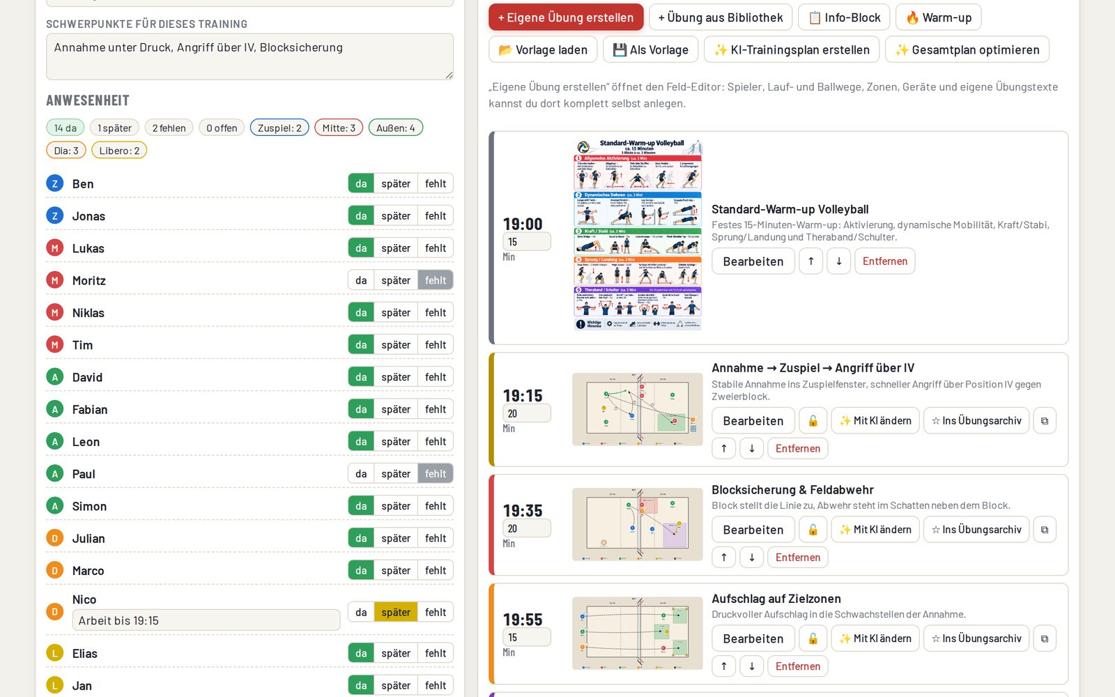 Trainingsplan mit Blöcken und Uhrzeiten